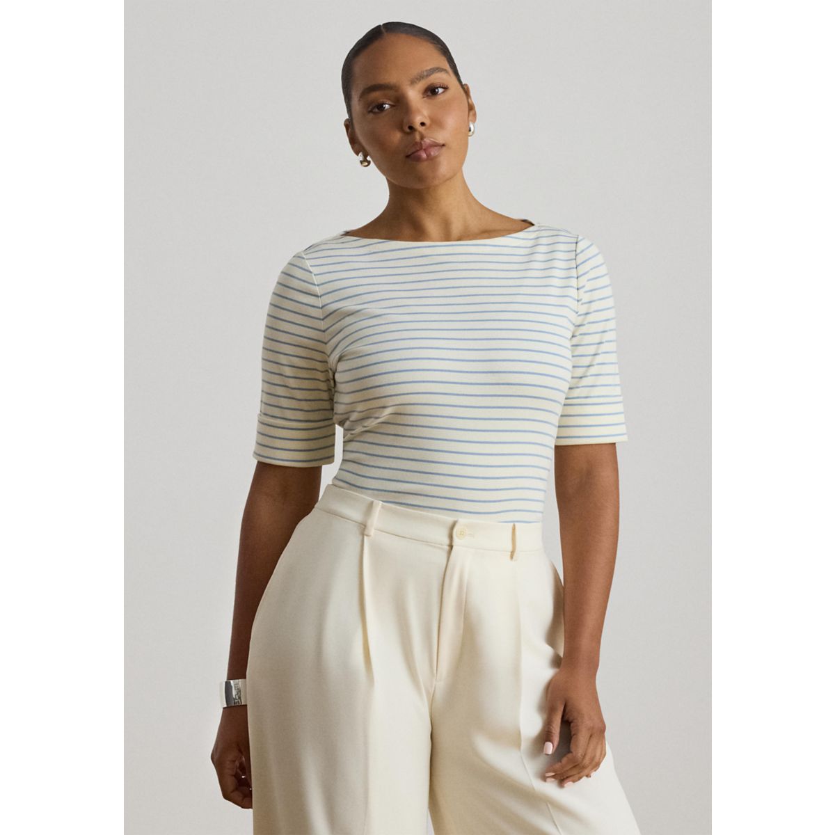 Striped Stretch Cotton Boatneck Shirt - 6