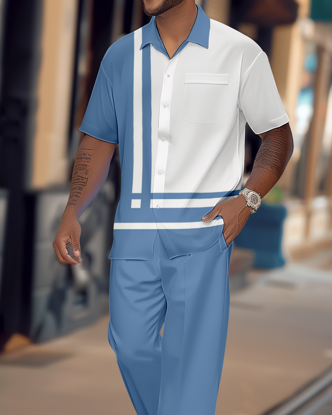 Camisa Gorgeous Blue de manga corta Walking Suit 1078 para hombre
