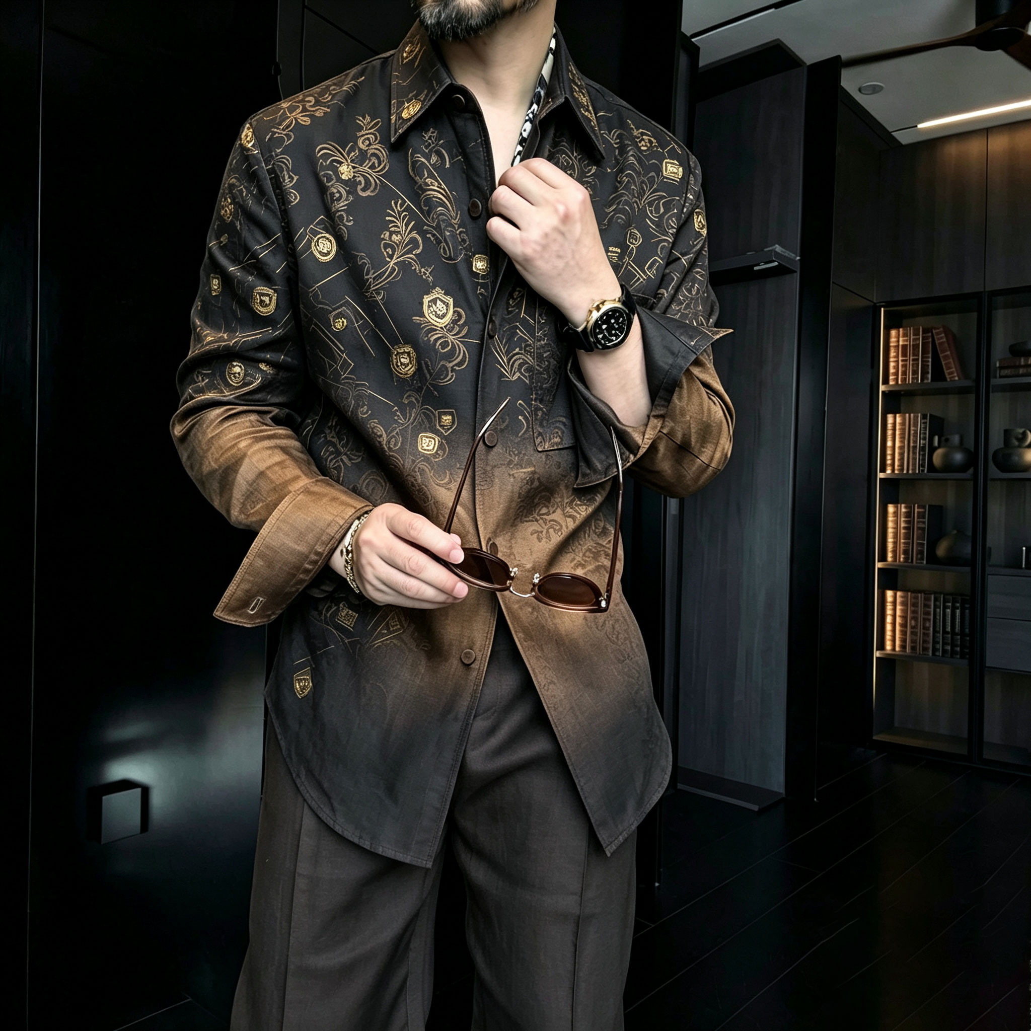 Conjunto de dos piezas casual Black-and-Gold Patterned estampado Lapel de manga larga camisa and pantalón para hombre