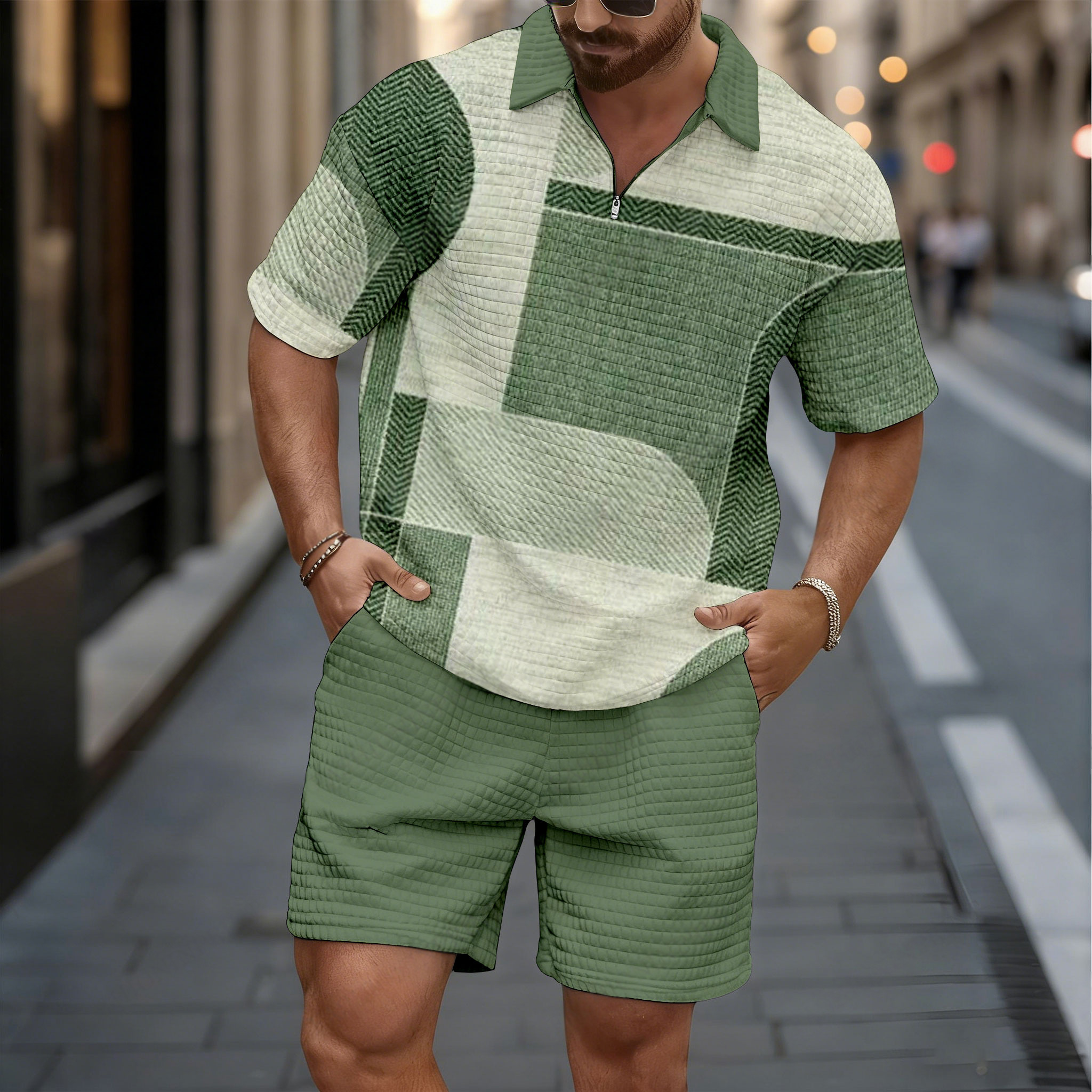 Conjunto de dos piezas casual Multi Green Checkered Pattern de manga corta camisa And shorts para hombre