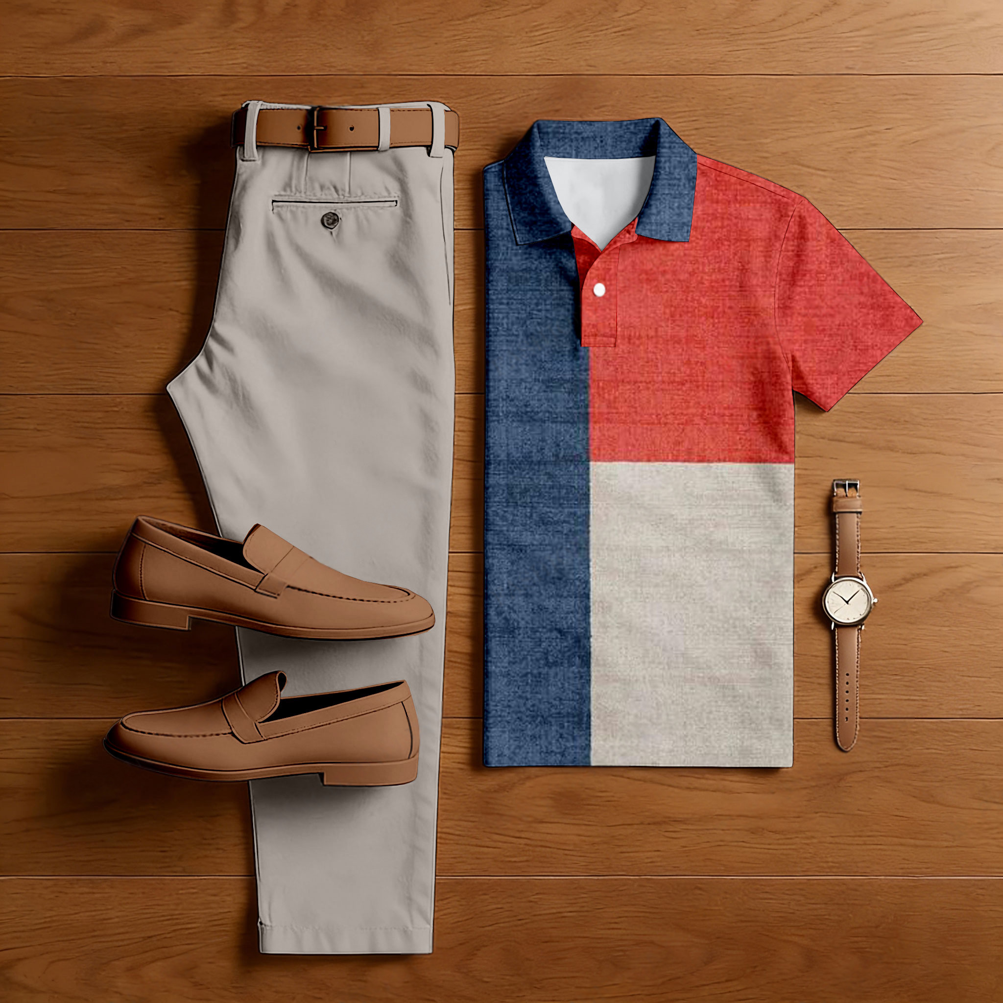 Conjunto de dos piezas casual Khaki Gray & Navy & Red Color Matching estampado de manga corta camisa polo & Trousers para hombre