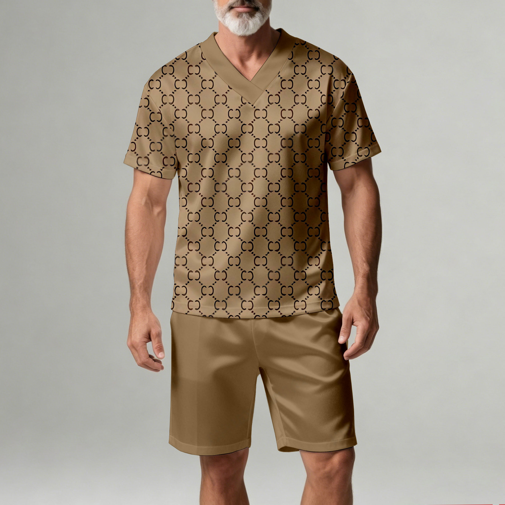 Conjunto de dos piezas casual Geometric estampado V-Neck de manga corta camiseta And shorts para hombre