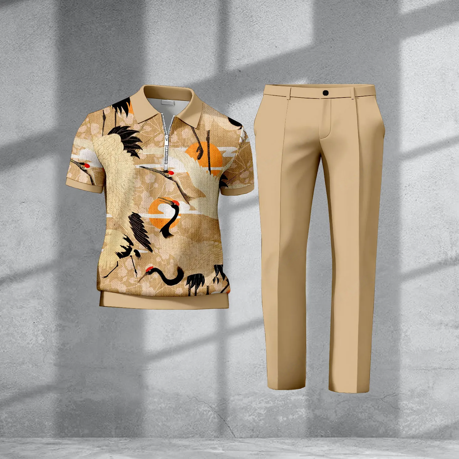 Conjunto de dos piezas casual Khaki estampado Half-Zip de manga corta camiseta And pantalón para hombre