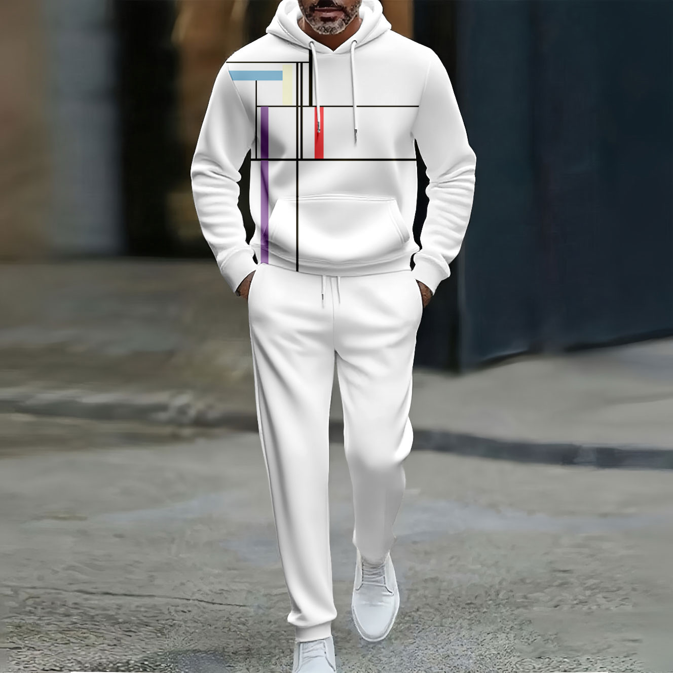 Conjunto de dos piezas casual Color Matching geométrico Asymmetric estampado Hooded de manga larga Trousers White para hombre