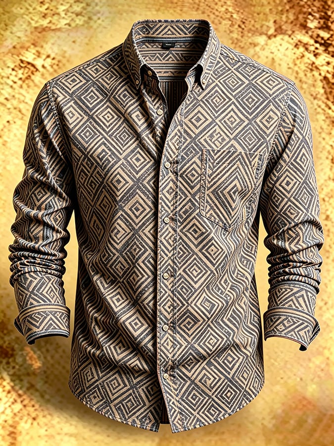 Camisa retro Abstract Art estampado Comfortable ejecutivo Style para hombre