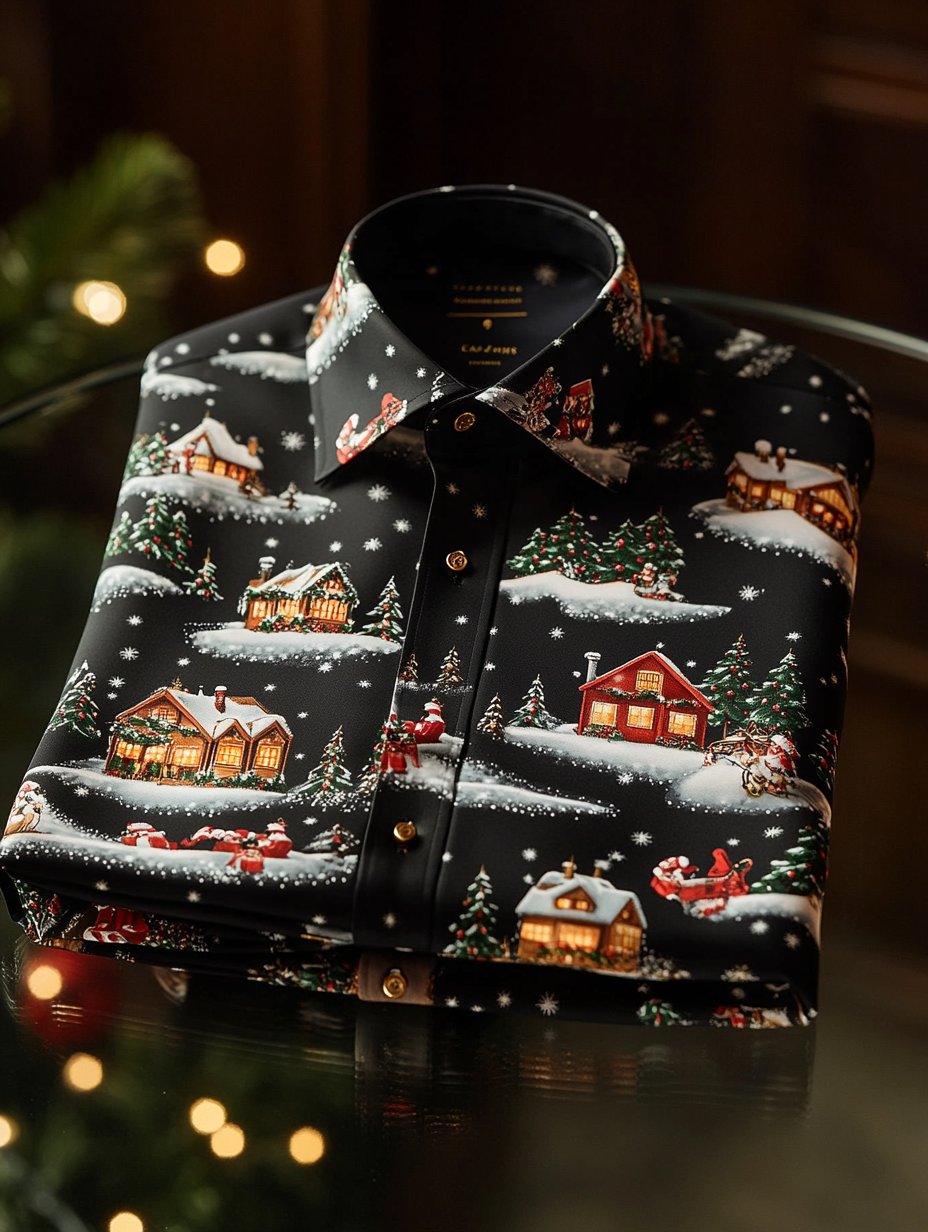 Camisa Christmas satén Luxe de manga larga con botones para hombre