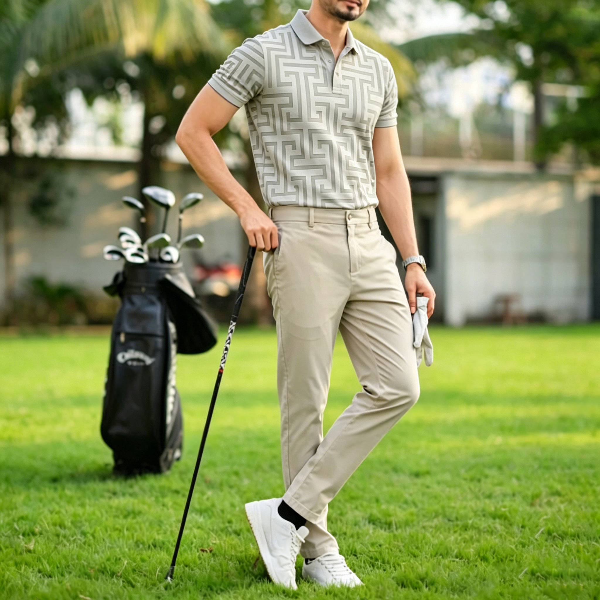 Conjunto de dos piezas casual Light Gray estampado camisa polo And pantalón para hombre