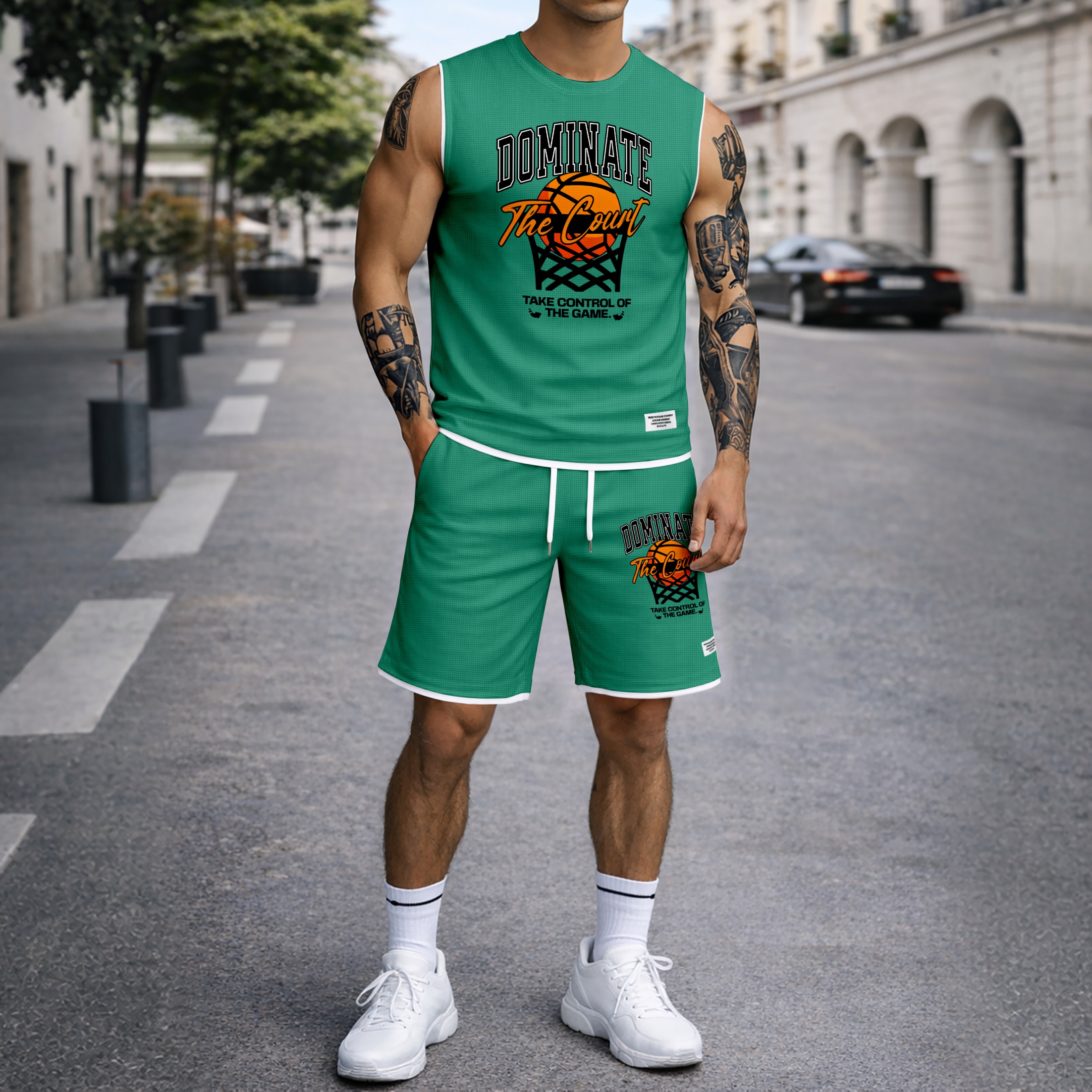 Shorts Basketball Graphic estampado Summer Set Sleeveless Tank Top & Matching Outfit, “Dominate The Court” Letter estampado with Hoop & Ball Design, Lightweight casual Streetwear Athletic Set for Everyday & para trabajoout para hombre