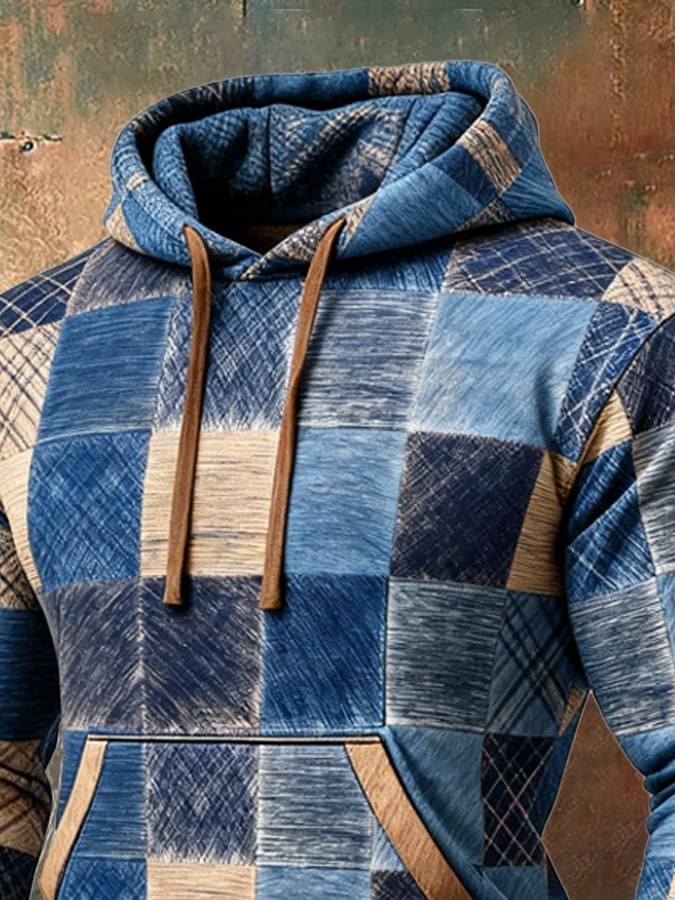 Sudadera retro desgastado en bloques de color estampado casual de manga larga para hombre