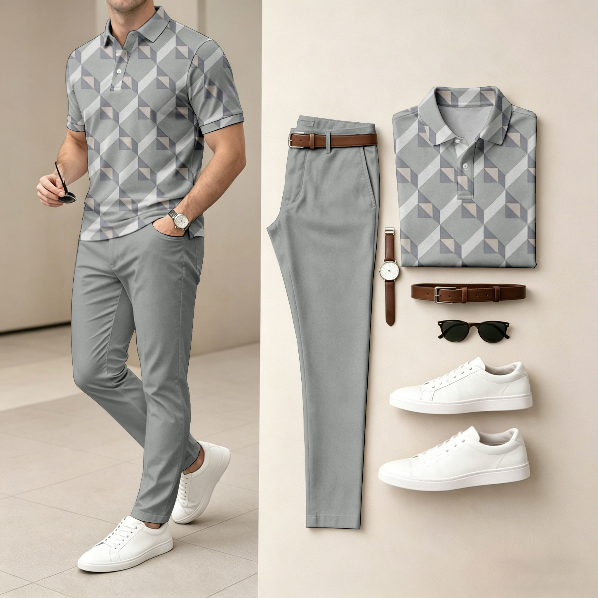 Conjunto de dos piezas casual diamond patterned estampado camisa polo and pantalón para hombre