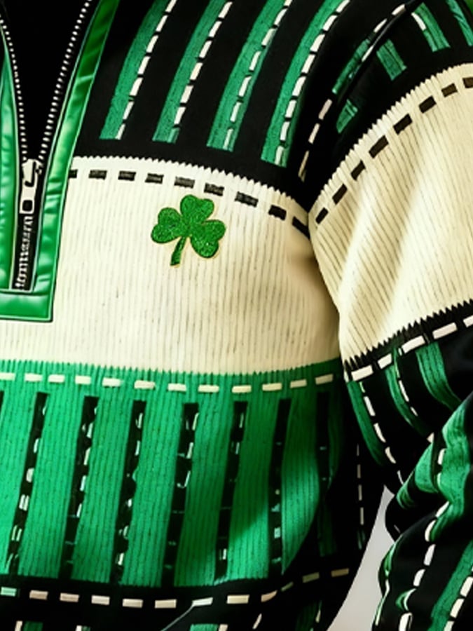 Sudadera (Detachable Shamrock Brooch Included) casual St. Patrick's Day Color-Block Half-Zip Stand-cuello de manga larga para hombre