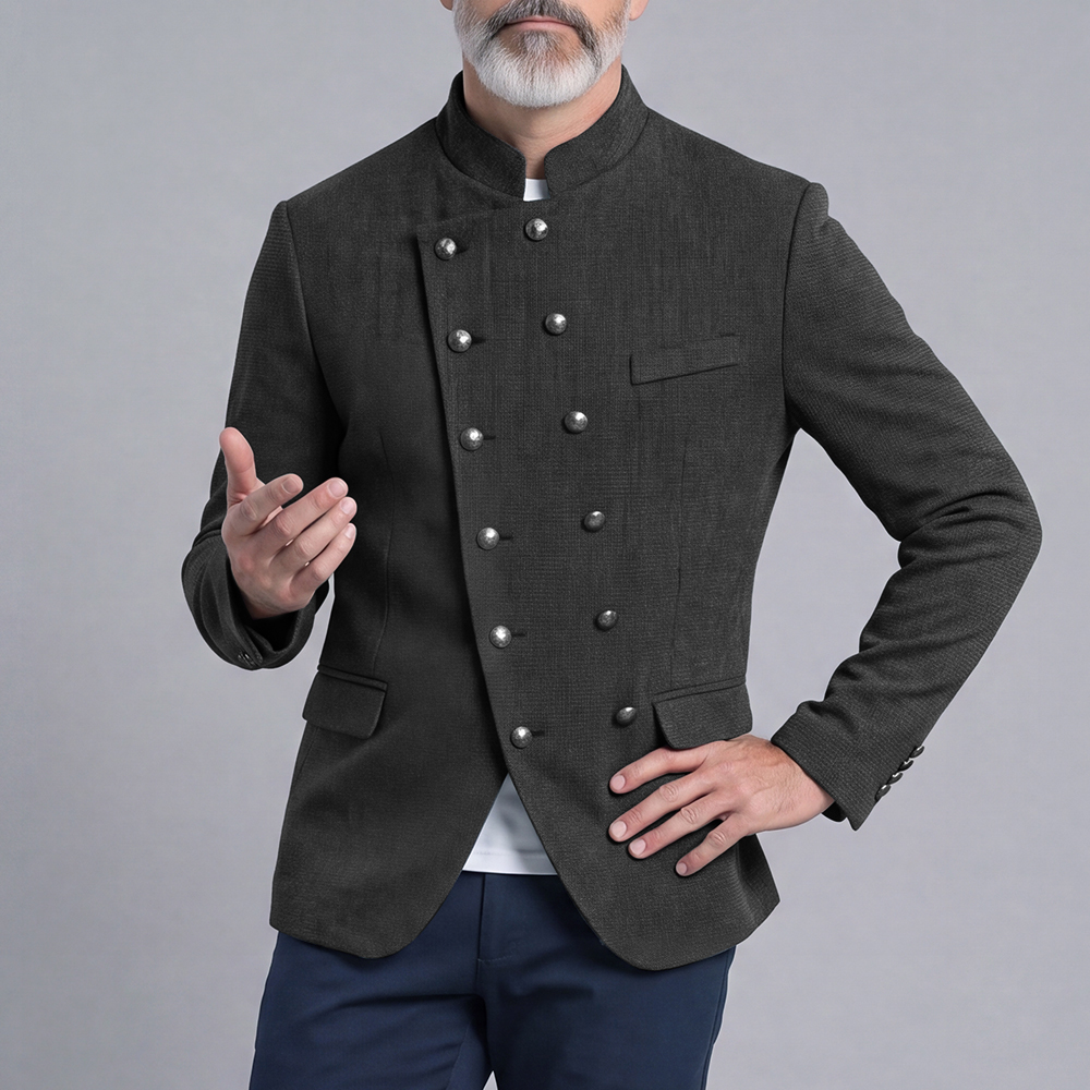 Double-Breasted Slim-Fit Stand-Up Collar Suit with Diagonal Placket para hombre