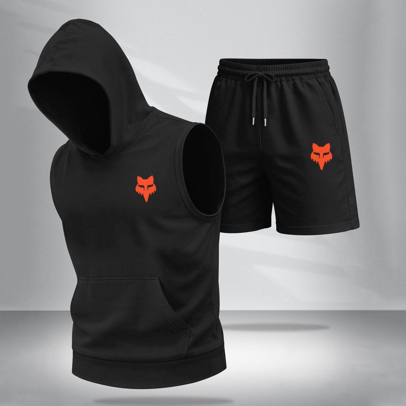 Conjunto de dos piezas : retro-estampado Hooded Vest & shorts — Regular Fit, casual Sporty Style, Sleeveless Top & shorts; Summer Apparel para hombre