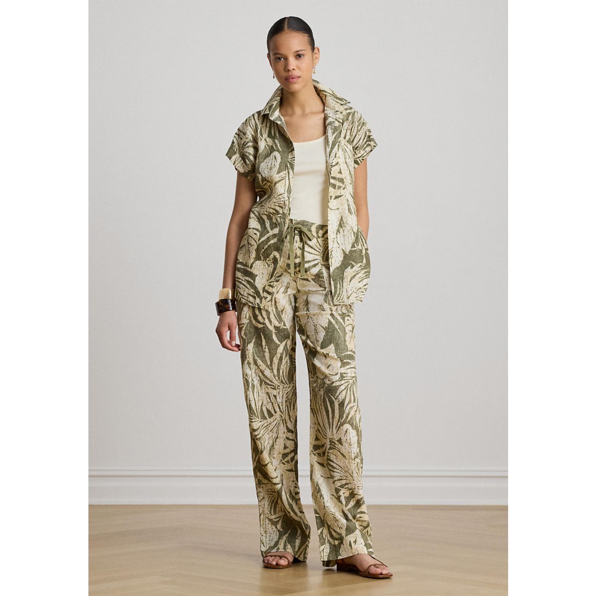 Petite Palm Frond Print Linen Wide Leg Pants - 4