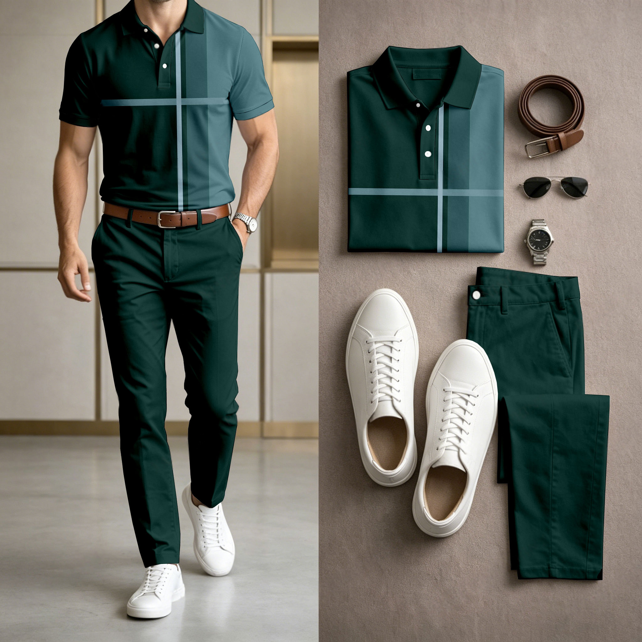 Conjunto de dos piezas casual Dark Green Geometric estampado camisa polo And pantalón para hombre
