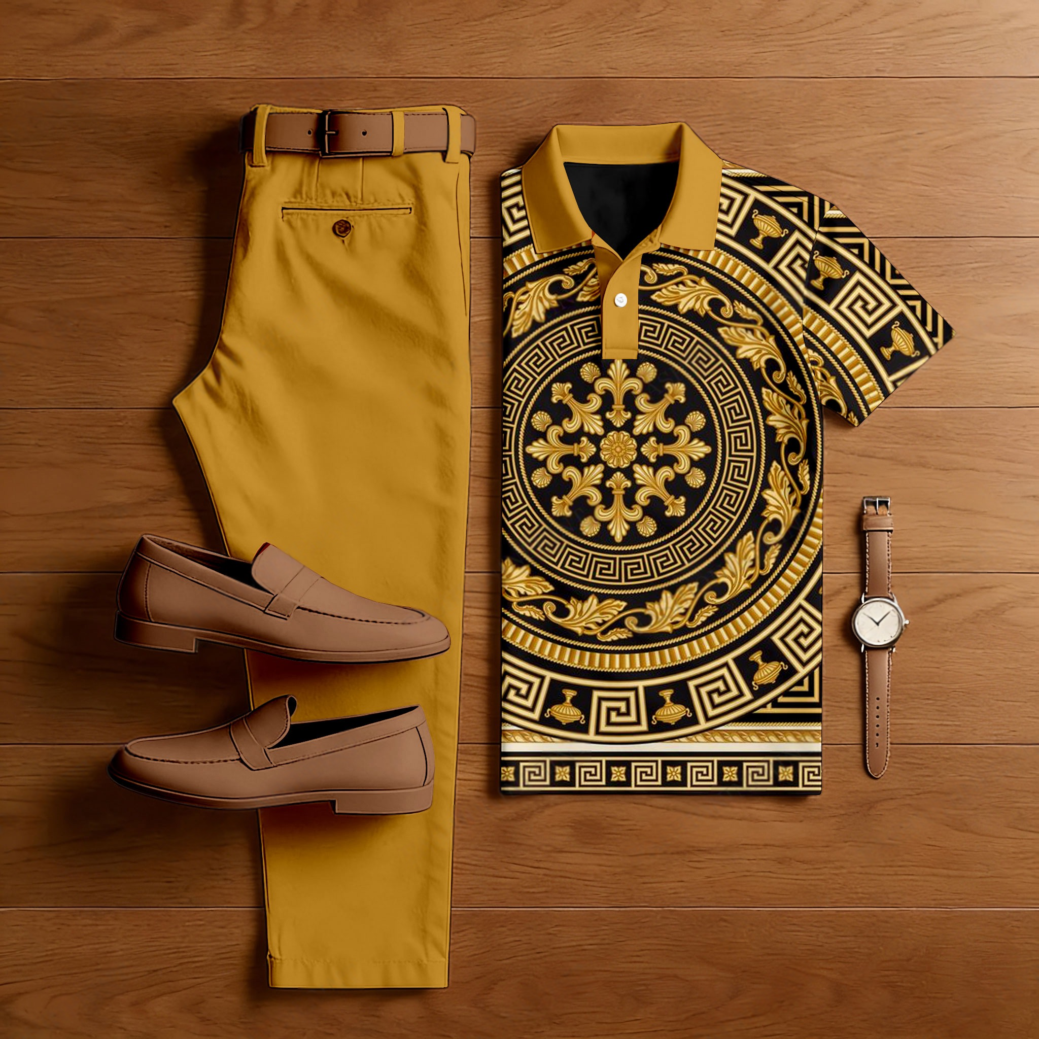 Conjunto de dos piezas casual Ginger Yellow & Black Color Matching Baroque Style estampado de manga corta camisa polo & Trousers para hombre