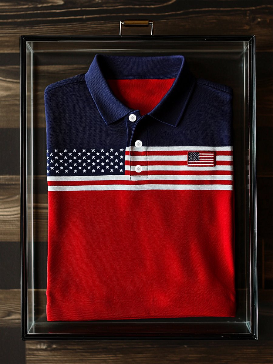 Camisa polo ejecutivo casual Independence Day a rayas Button de manga corta para hombre
