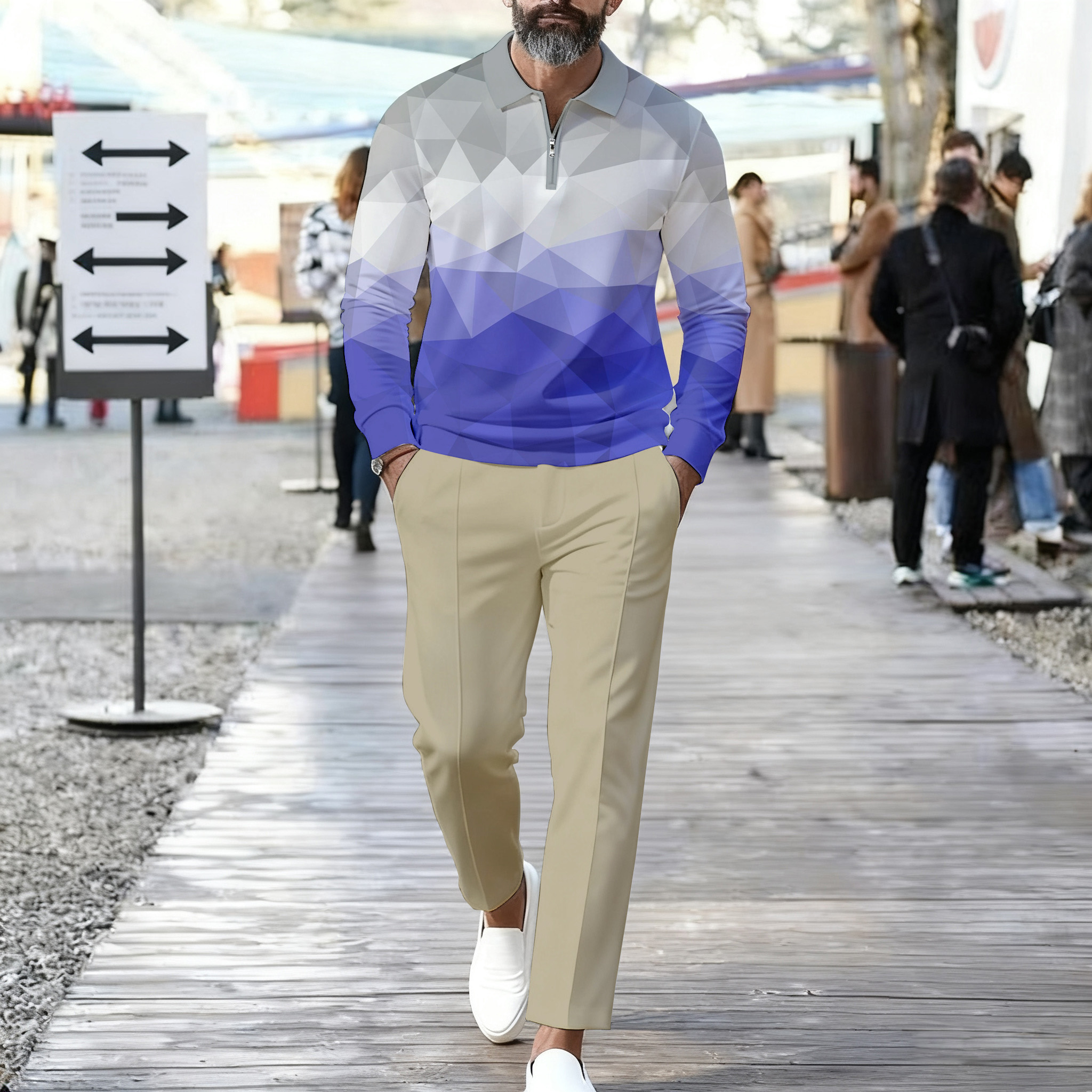 Conjunto de dos piezas casual Color Matching estampado Polo-Collar Zipper de manga larga Trousers para hombre