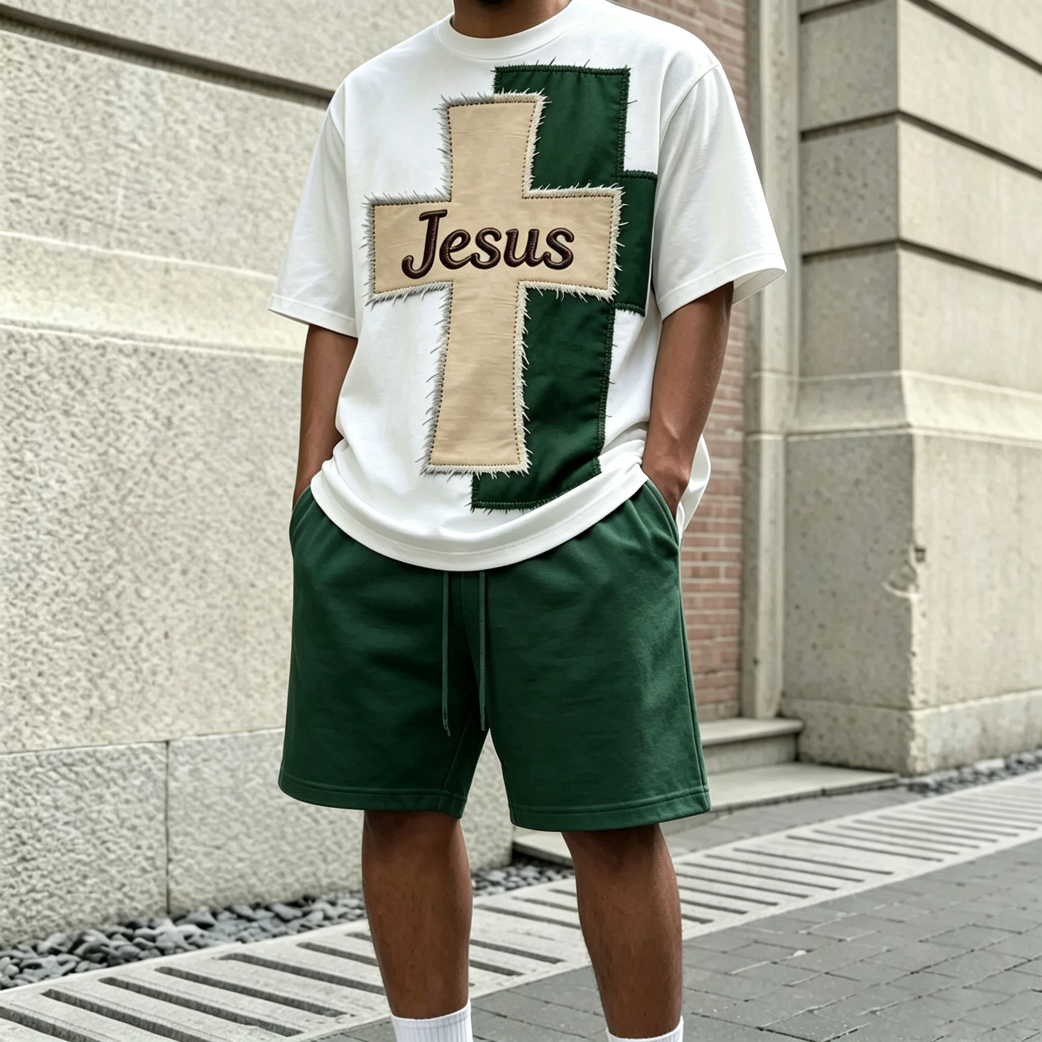 Conjunto de dos piezas casual : Double-Layer Patchpara trabajo Cross-estampado Round-Neck de manga corta camiseta and shorts para hombre