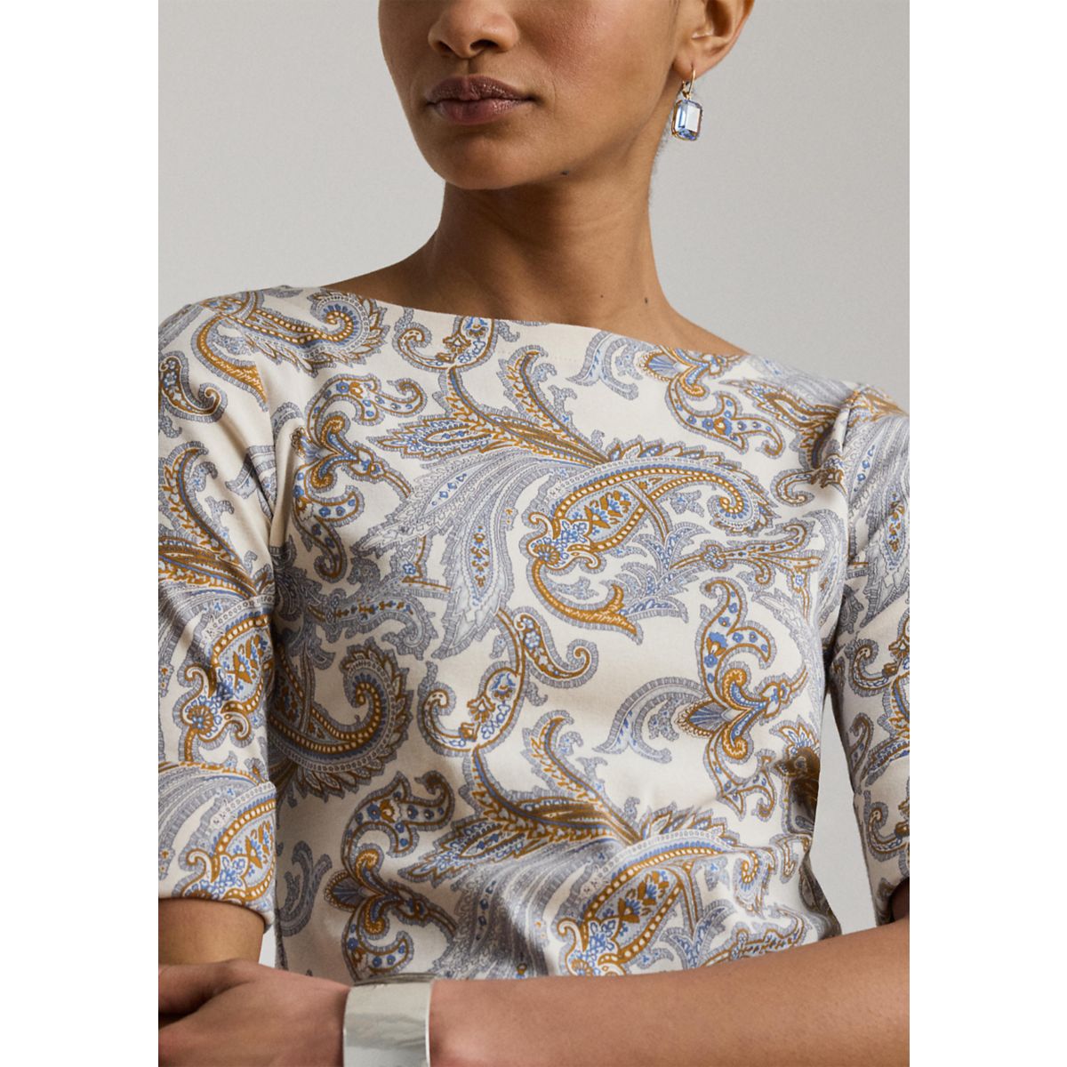 Petite Paisley Stretch Cotton Boatneck Tee - 3