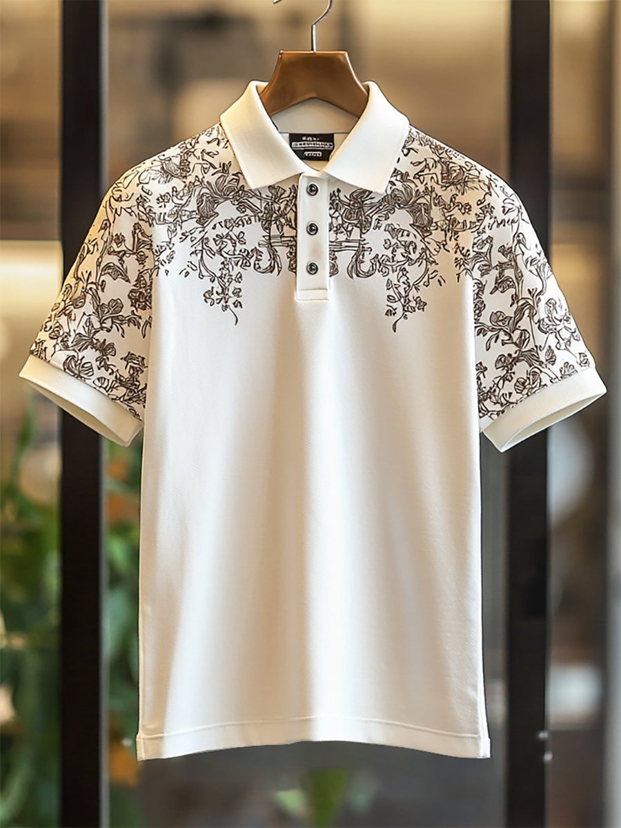 Camisa polo casual Festive floral estampado Button de manga corta para hombre