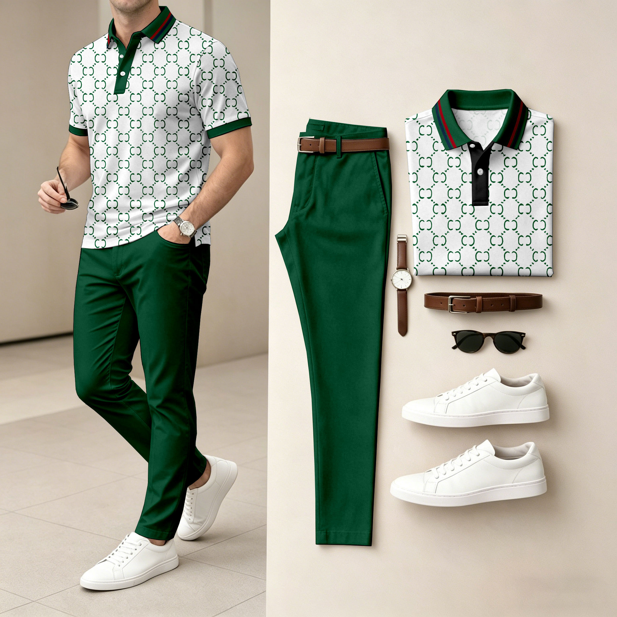 para hombre Green estampado de manga corta camisa polo and pantalón conjunto de dos piezas