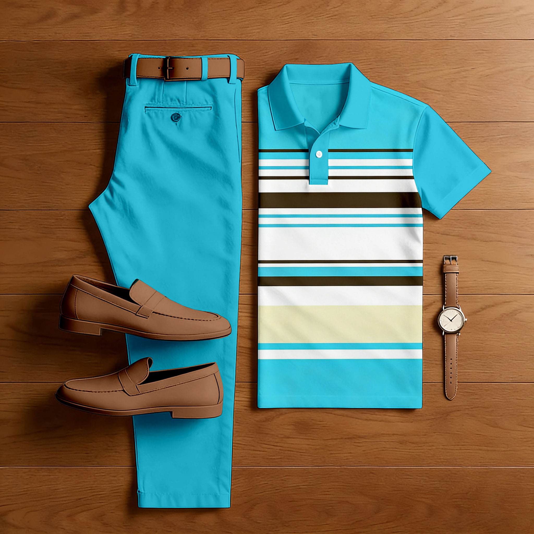 Conjunto de dos piezas casual Blue & White Color Matching a rayas estampado de manga corta camisa polo & Trousers para hombre