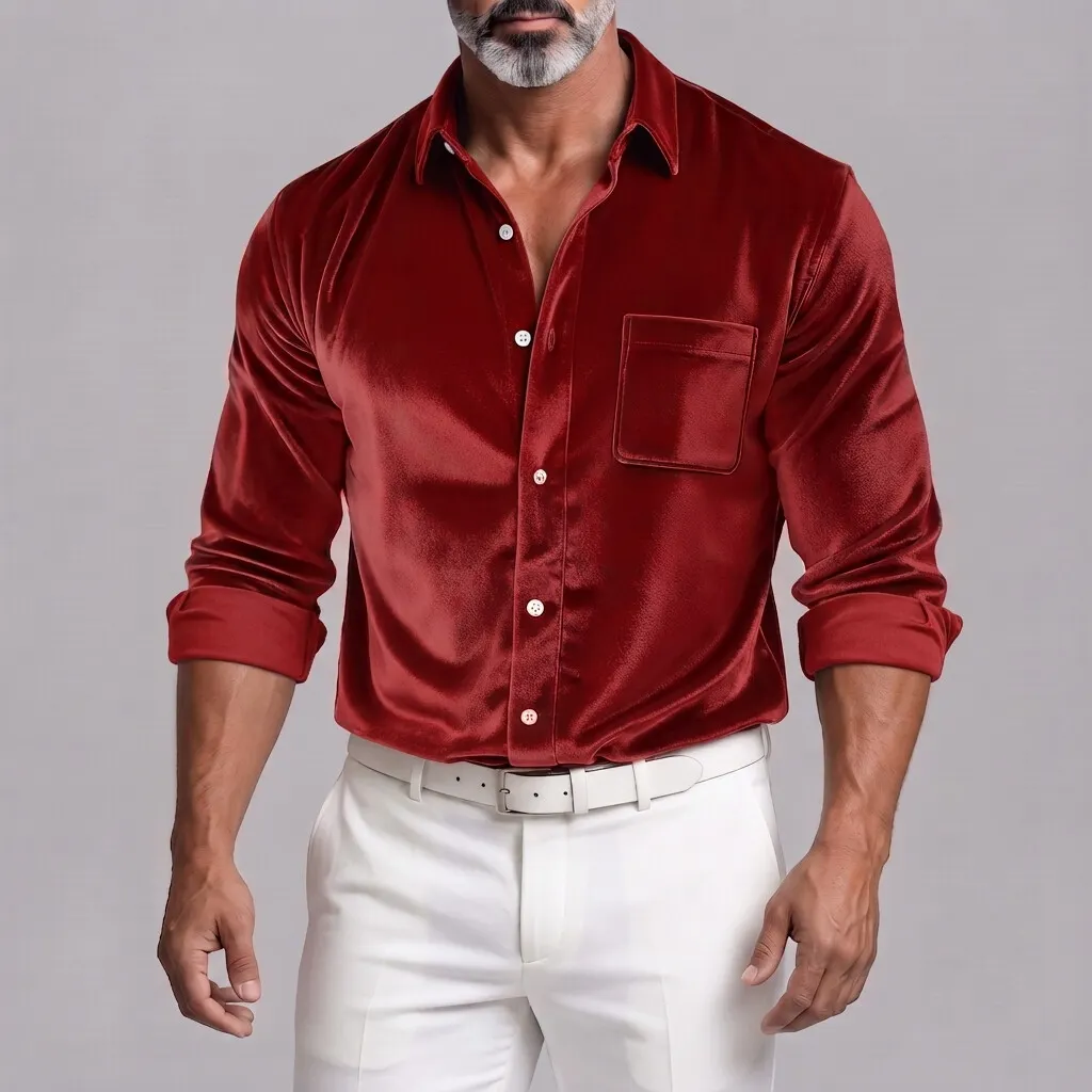 para hombre Velvet de color sólido con botones Chest Pocket de manga larga camisa