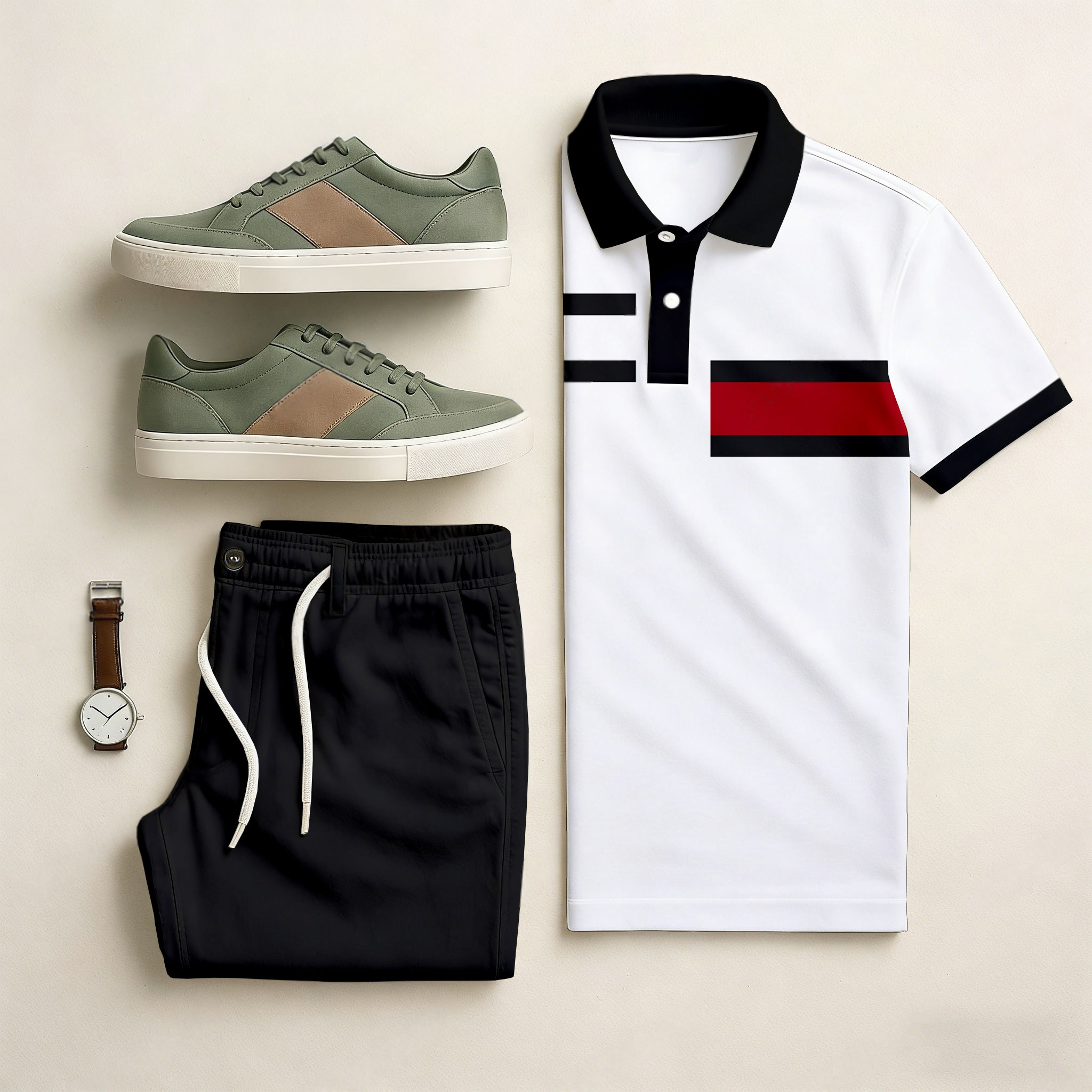Conjunto de dos piezas casual Black & White Color Matching Geometric estampado de manga corta camisa polo & Trousers para hombre