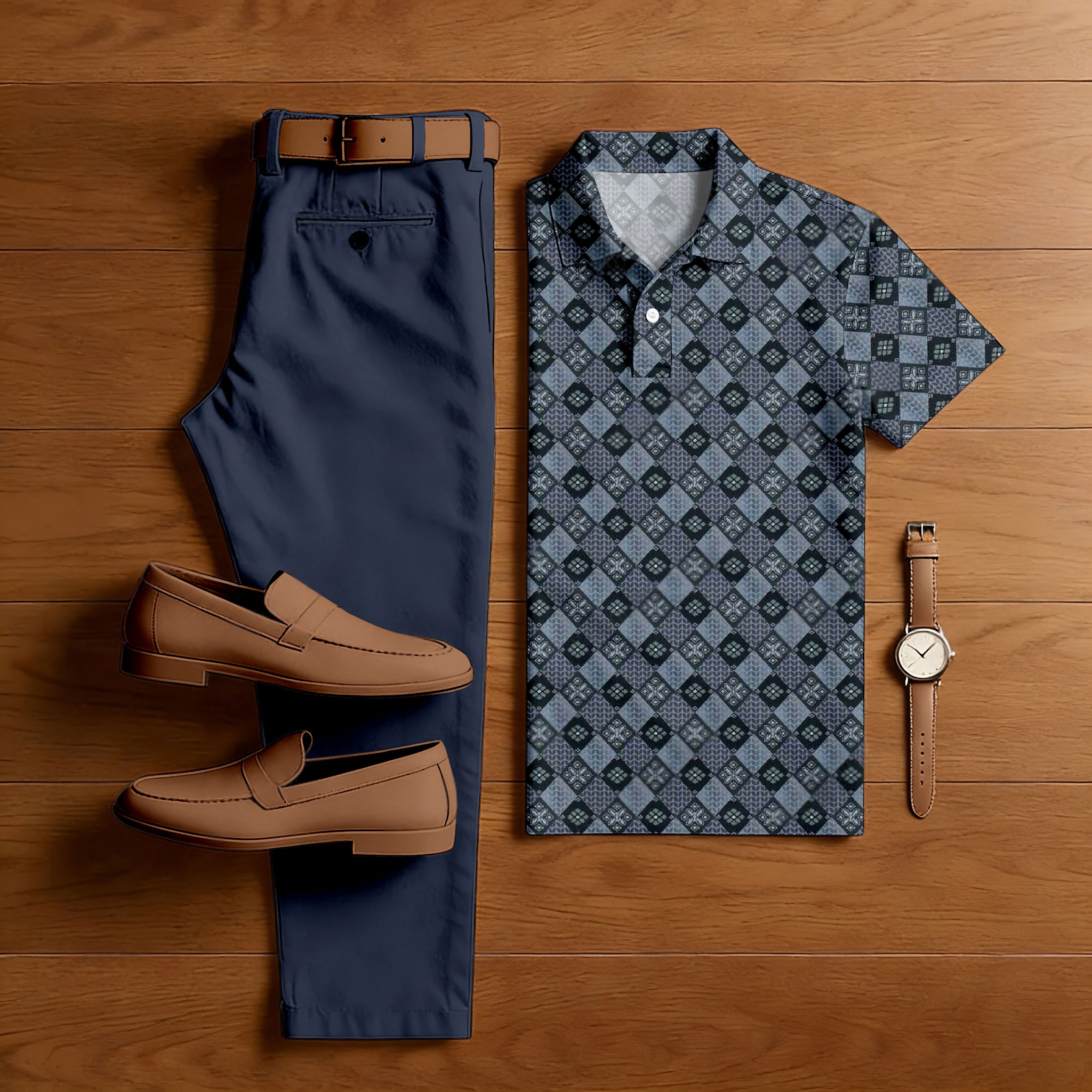 Conjunto de dos piezas casual Navy Blue Color Matching retro floral estampado de manga corta camisa polo & Trousers para hombre