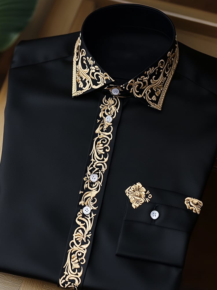 Camisa ejecutivo Black de lujo Gold floral de manga larga para hombre