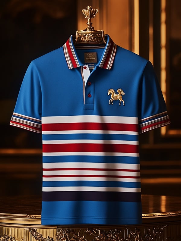 Camisa polo ejecutivo rayas Logo con botones de manga corta para hombre