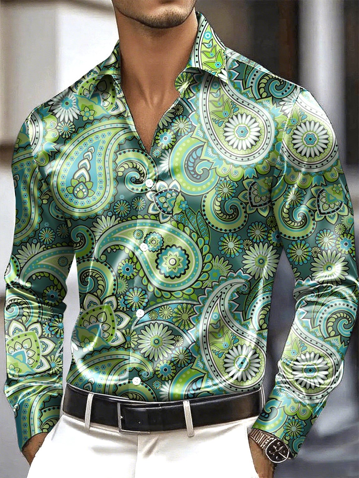 Camisa satén Luxe de manga larga con botones para hombre