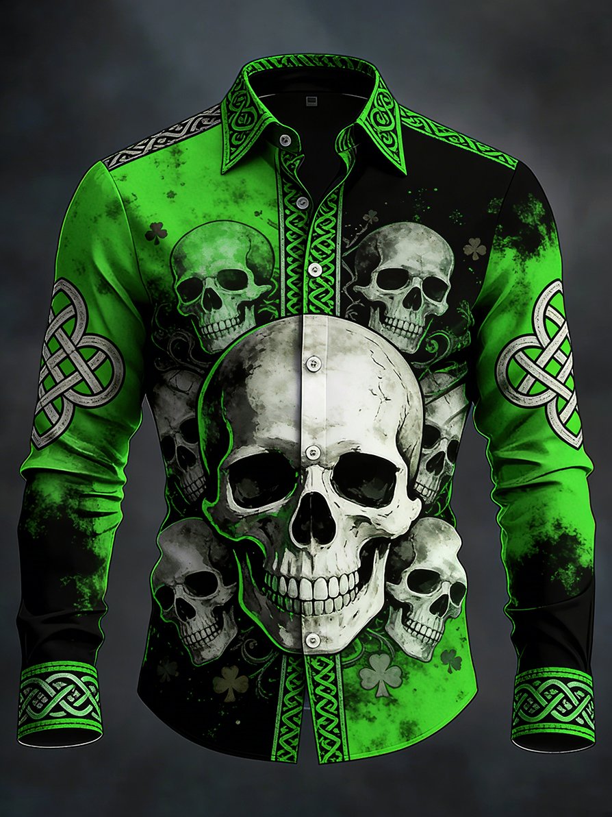 Camisa vintage St. Patrick's Day skull diseño de manga larga para hombre