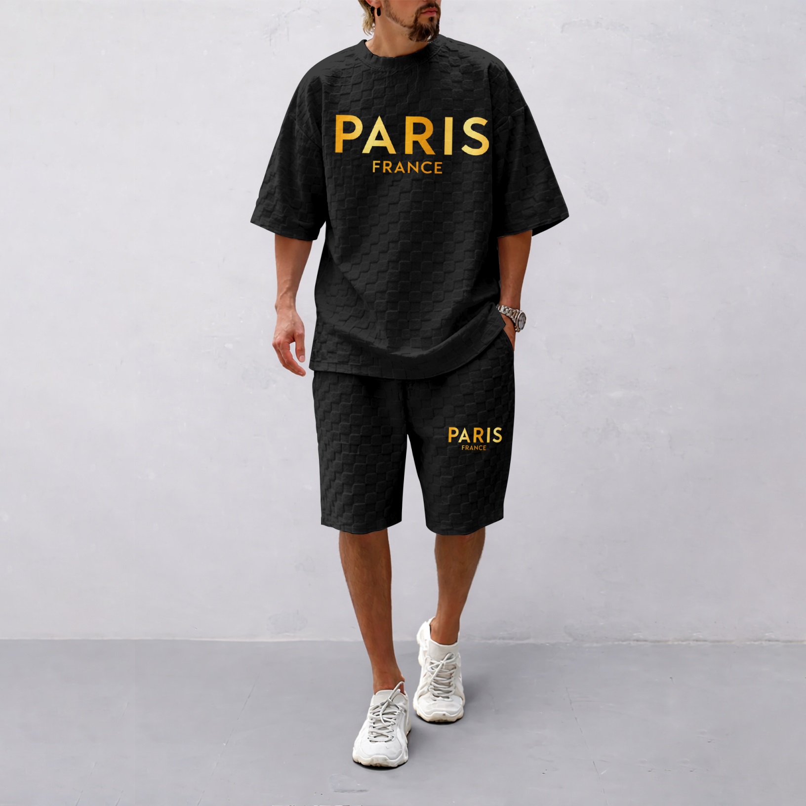 Camisa Spring/Summer Drawstring shorts Set featuring Paris Letter estampado and a cuadros Fabric—a casual summer ensemble comprising a de manga corta and shorts, ideal for both everyday wear and athletic activities. para hombre