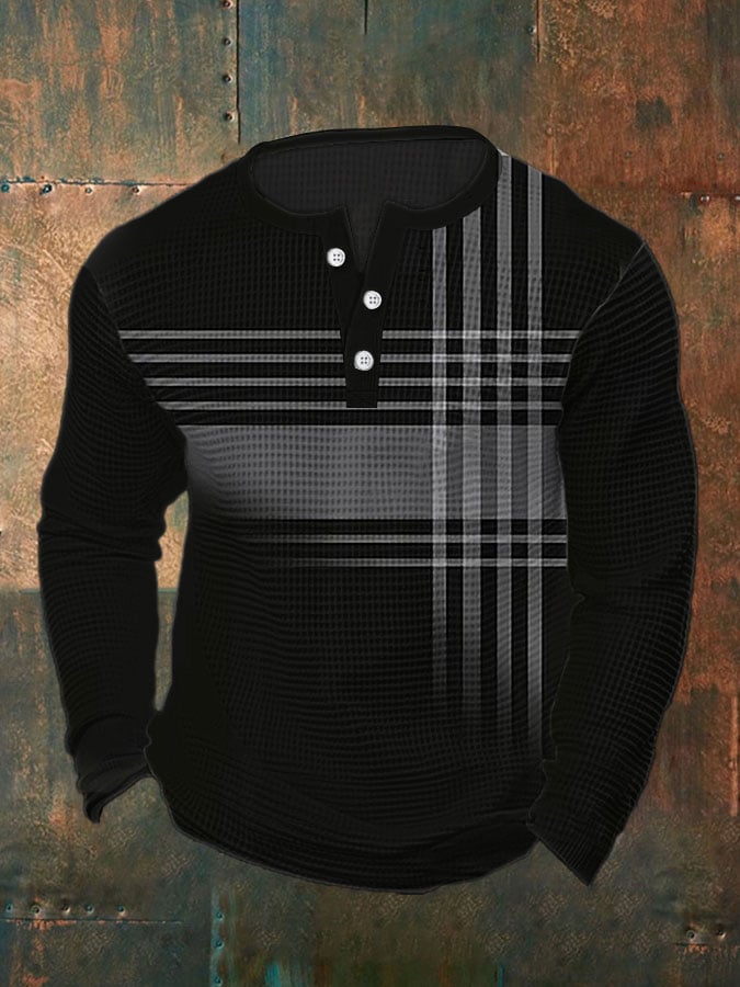 Camisa polo vintage casual Henley Waffle de manga larga para hombre