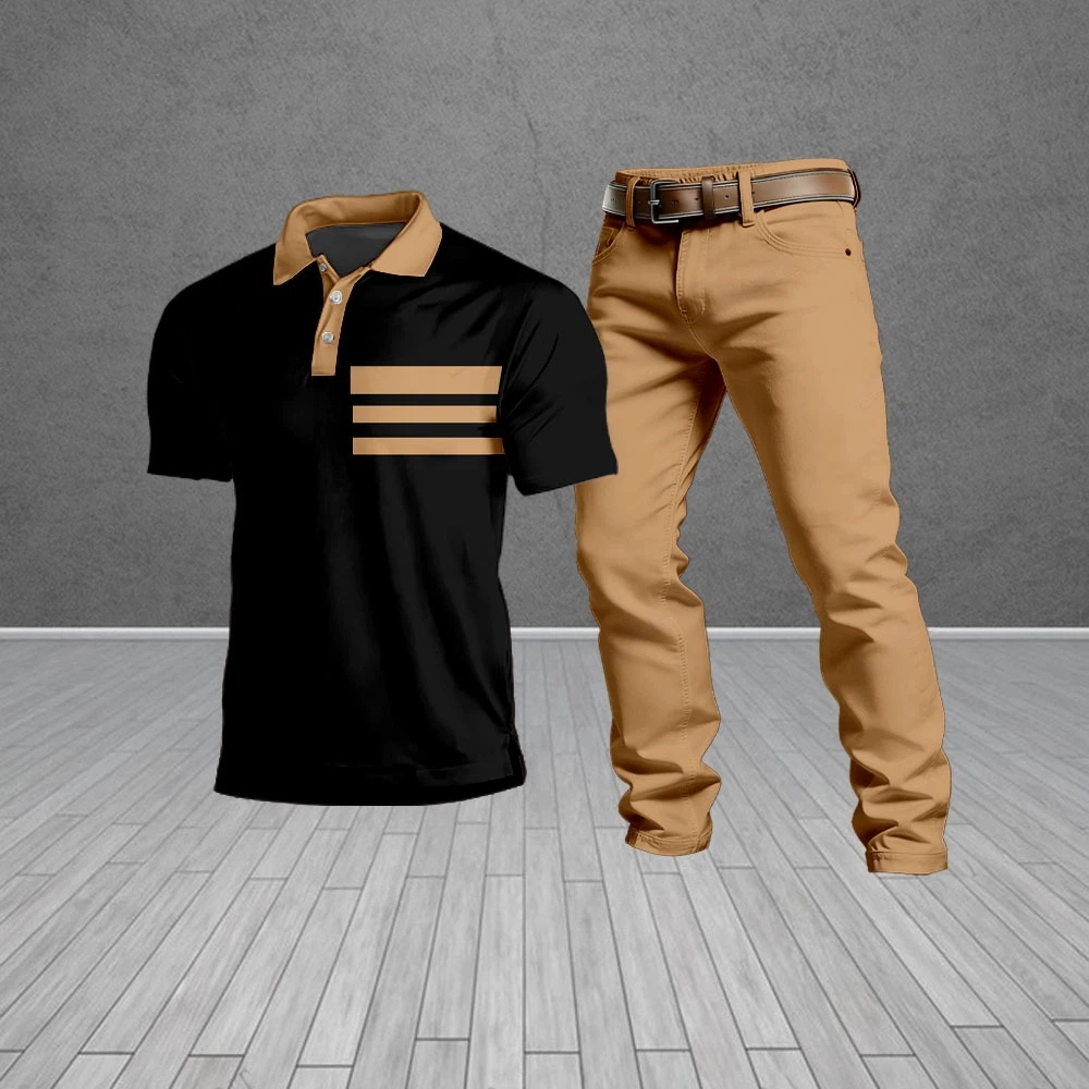 Conjunto de dos piezas casual Black & Brown Patterned de manga corta camisa polo And Trousers para hombre