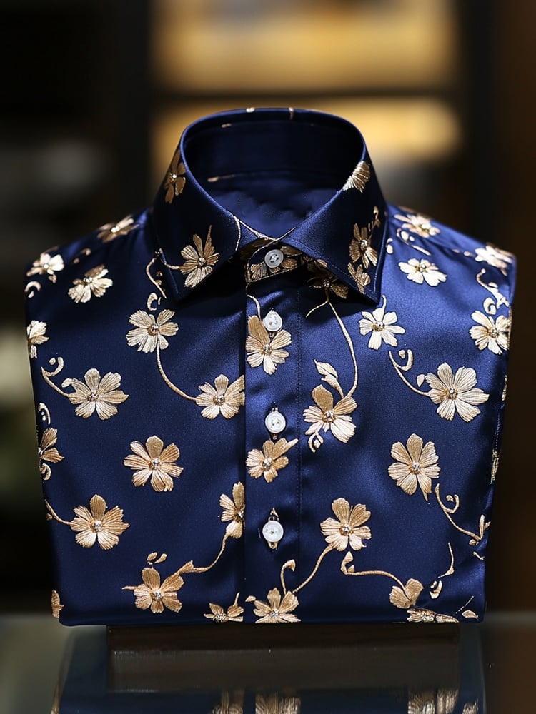 Camisa ejecutivo dark blue floral casual solapa de manga corta para hombre