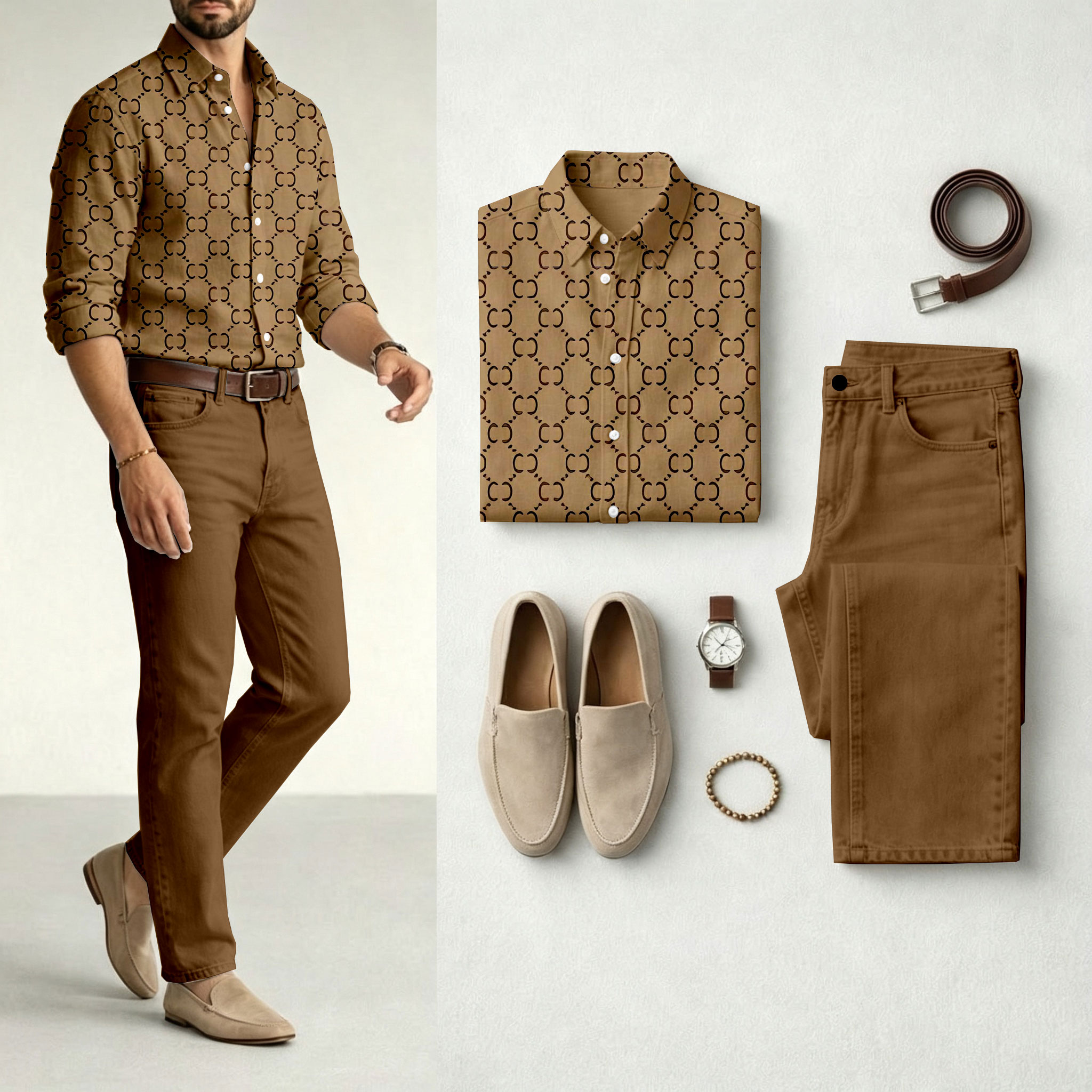 para hombre Brown de manga larga camisa and Jeans Set