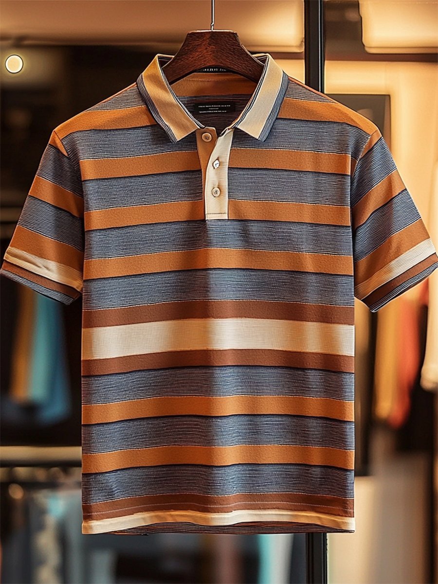 Camisa polo ejecutivo casual rayas estampado Button de manga corta para hombre