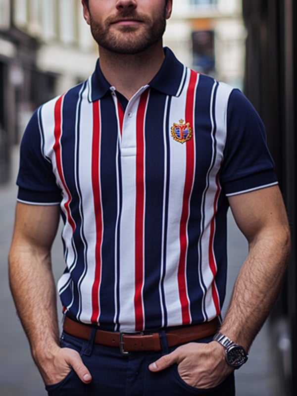Camisa polo ejecutivo rayas Logo con botones de manga corta para hombre