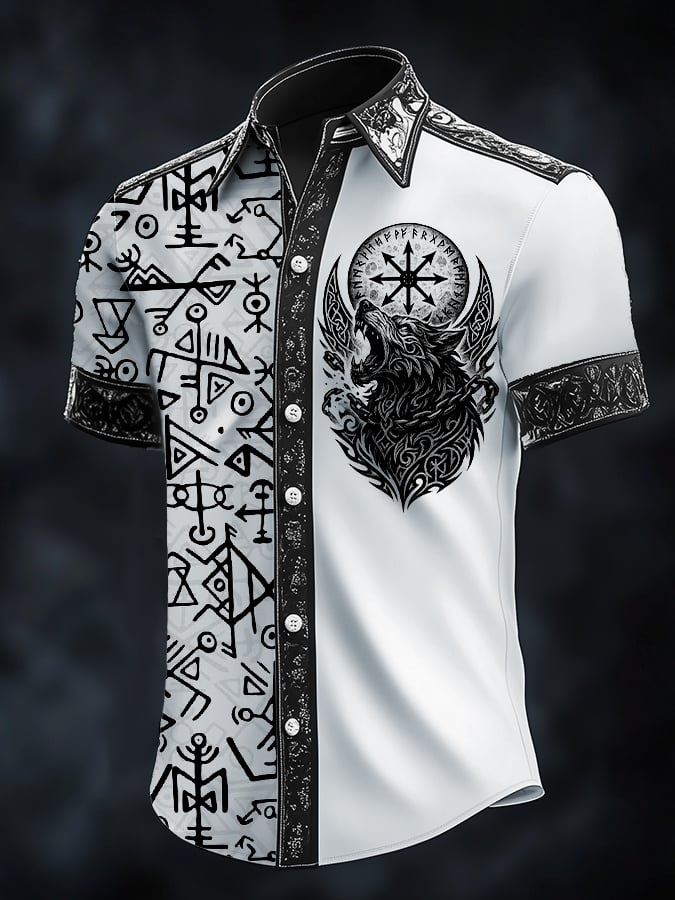 Camisa casual Dark Viking Wolf estampado satén para hombre