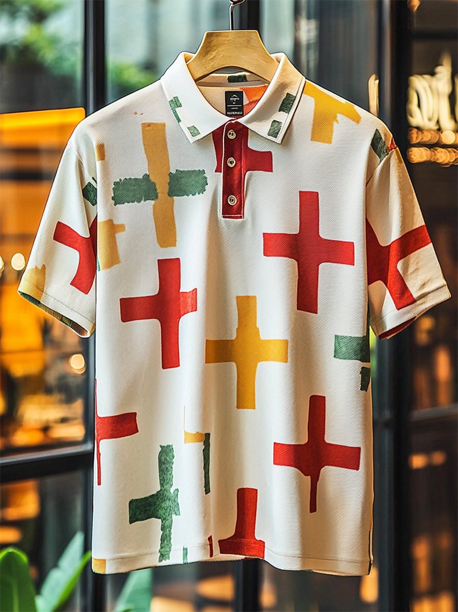 Camisa polo vintage casual Cross Art Button de manga corta para hombre