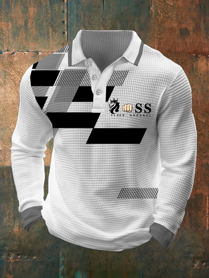 Camisa polo retro Letter Design Waffle Fabric de manga larga para hombre