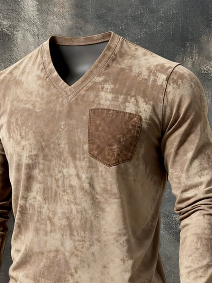 Retro Washed desgastado V-Neck de manga larga Top para hombre