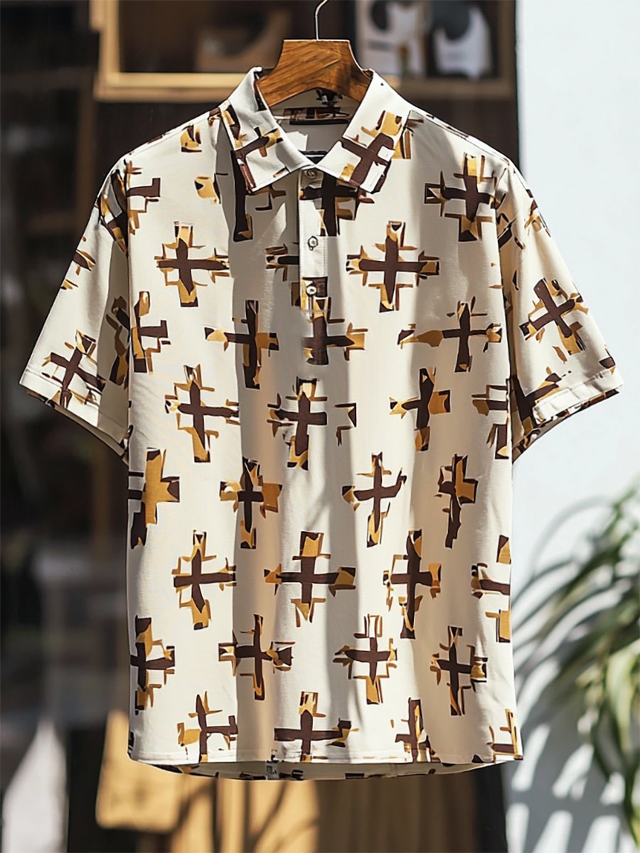 Camisa polo ejecutivo casual Cross estampado Button de manga corta para hombre