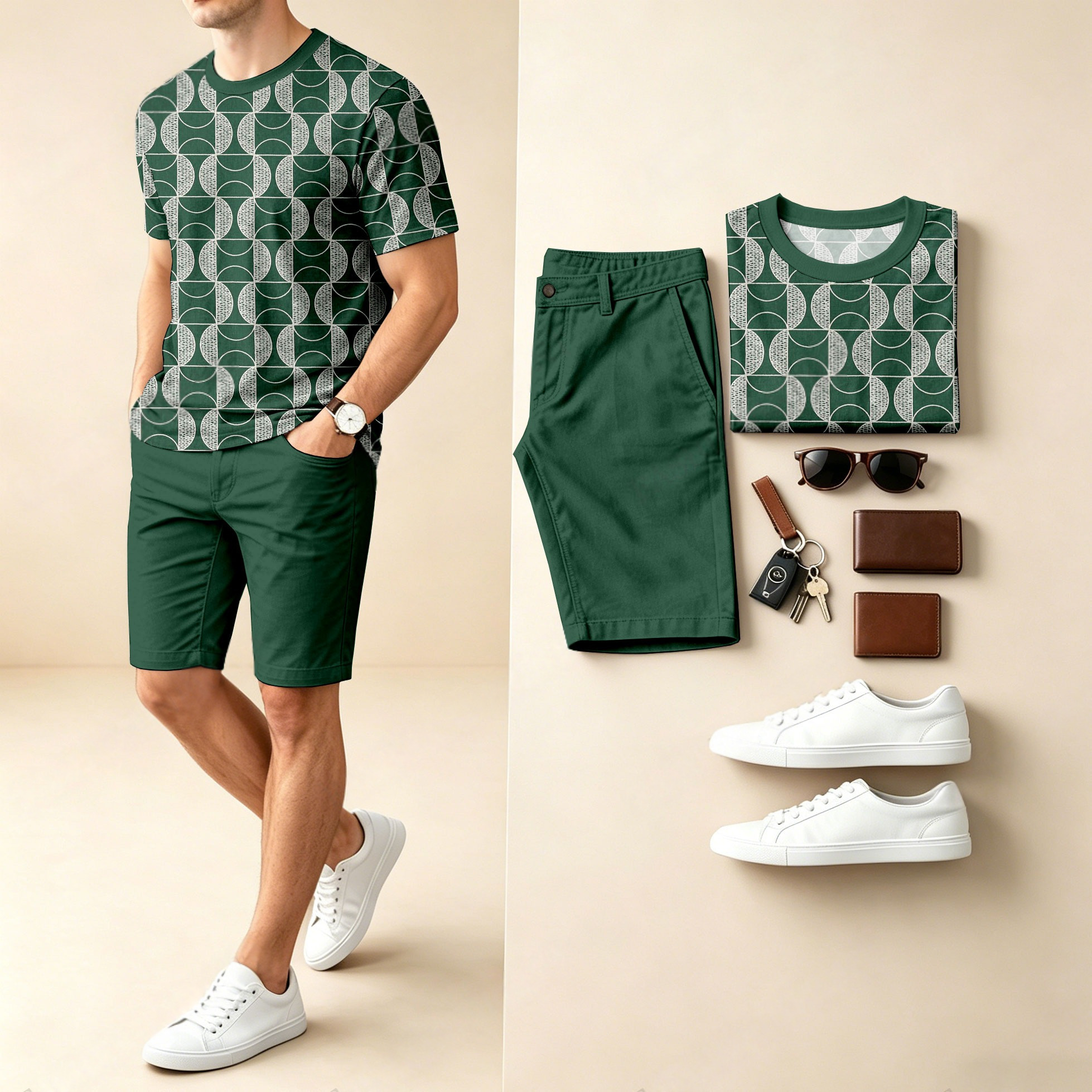 Conjunto de dos piezas casual Checkered estampado Round-Neck de manga corta camiseta And shorts para hombre