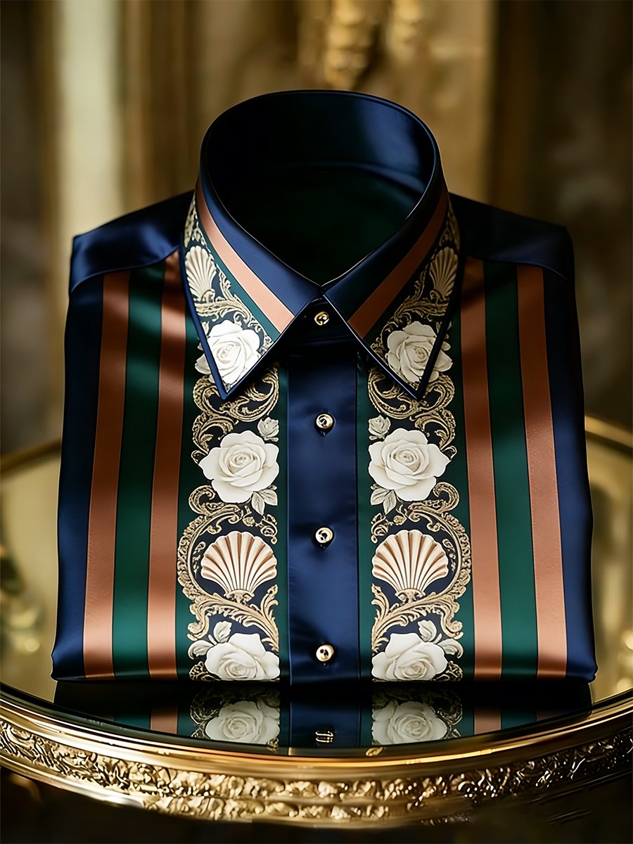 Camisa retro ejecutivo casual Baroque Rose a rayas de manga larga para hombre