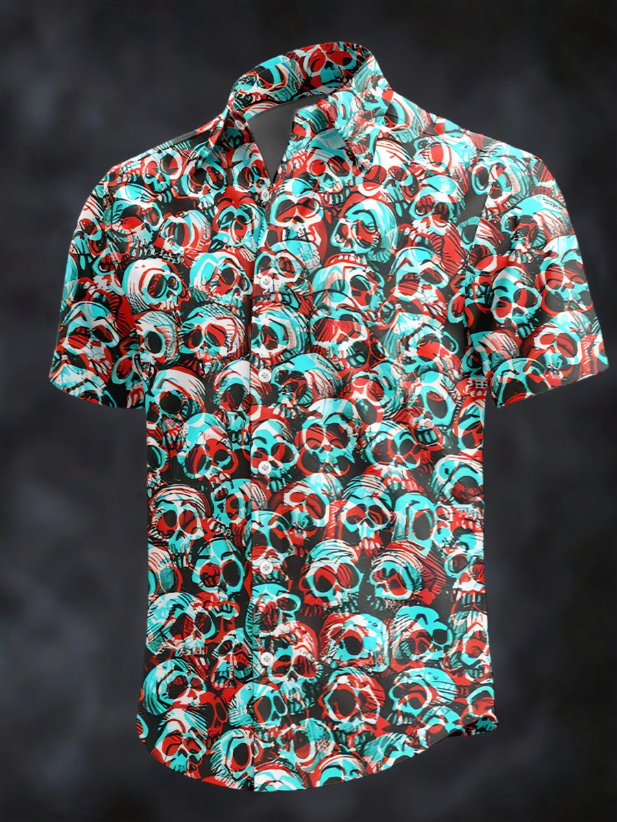 Camisa retro Horror Skull estampado solapa de manga corta para hombre