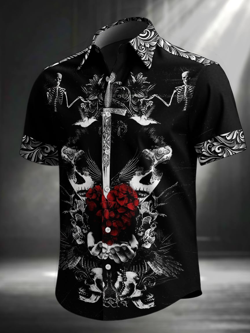 Camisa vintage Skull floral estampado solapa de manga corta para hombre